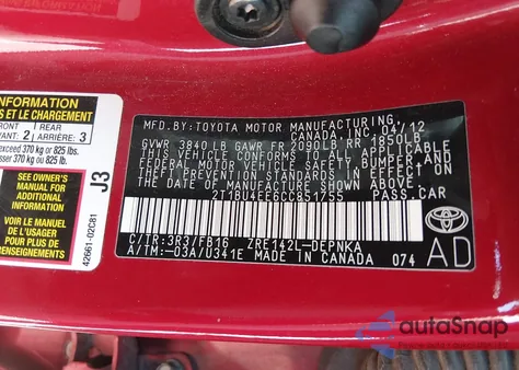 2012 Toyota Corolla Le z USA, uszkodzony, nr VIN 2T1BU4EE6CC851755